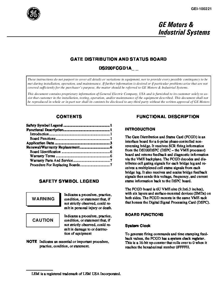 First Page Image of DS200FCGDH1A GEI-100221 Gate Distribution and Status Board.pdf